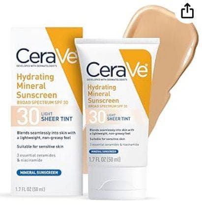 CeraVe Hydrating Mineral Sunscreen SPF 30 with Sheer Tint ( Shade Light) , 50ml