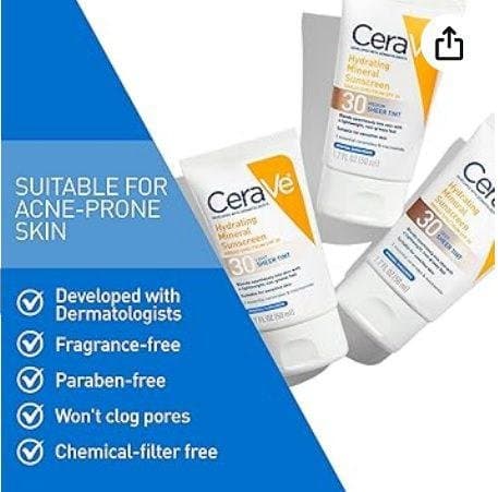 CeraVe Hydrating Mineral Sunscreen SPF 30 with Sheer Tint ( Shade Light) , 50ml